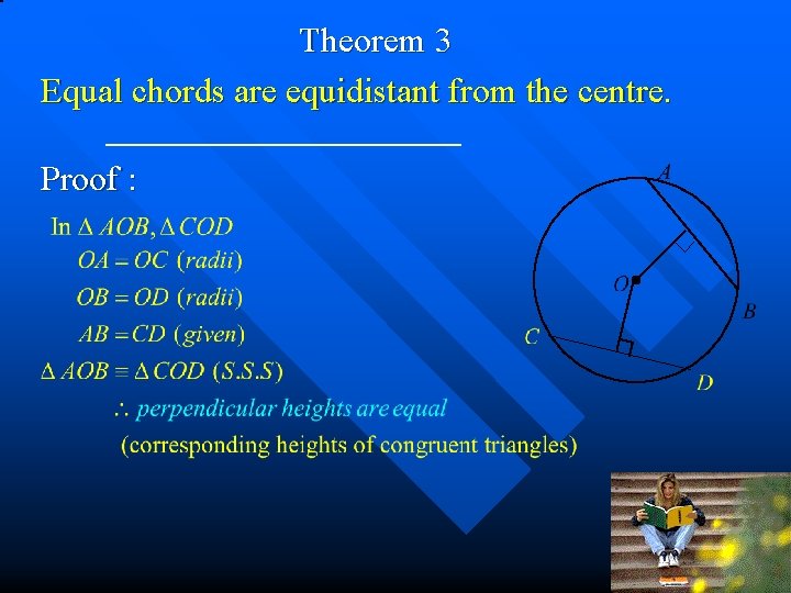 Theorem 3 Equal chords are equidistant from the centre. Proof : 