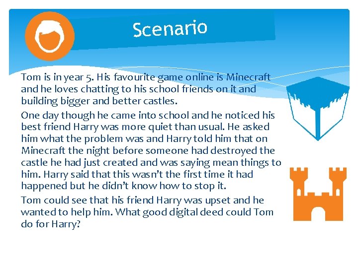 Scenario Tom is in year 5. His favourite game online is Minecraft and he