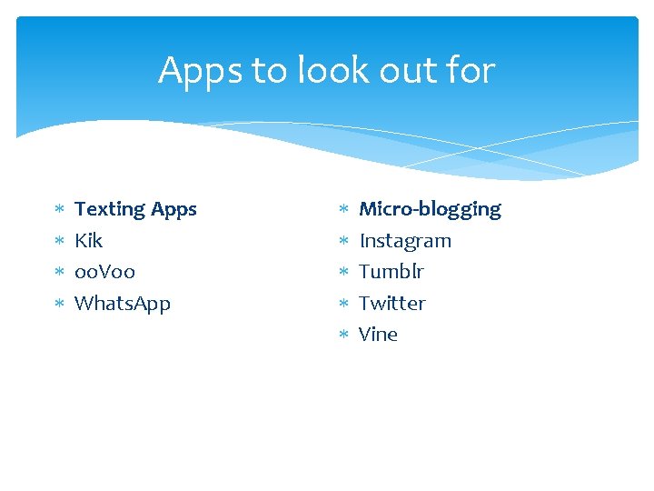 Apps to look out for Texting Apps Kik oo. Voo Whats. App Micro-blogging Instagram