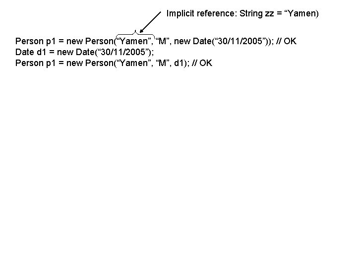Implicit reference: String zz = “Yamen) Person p 1 = new Person(“Yamen”, “M”, new Implicit reference: String zz = “Yamen) Person p 1 = new Person(“Yamen”, “M”, new