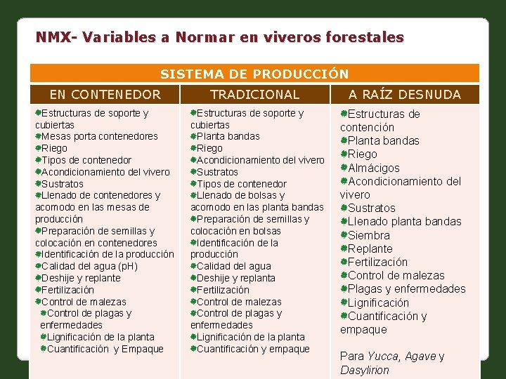 NMX- Variables a Normar en viveros forestales SISTEMA DE PRODUCCIÓN EN CONTENEDOR TRADICIONAL A