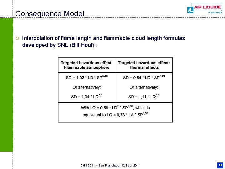 Consequence Model ¢ Interpolation of flame length and flammable cloud length formulas developed by