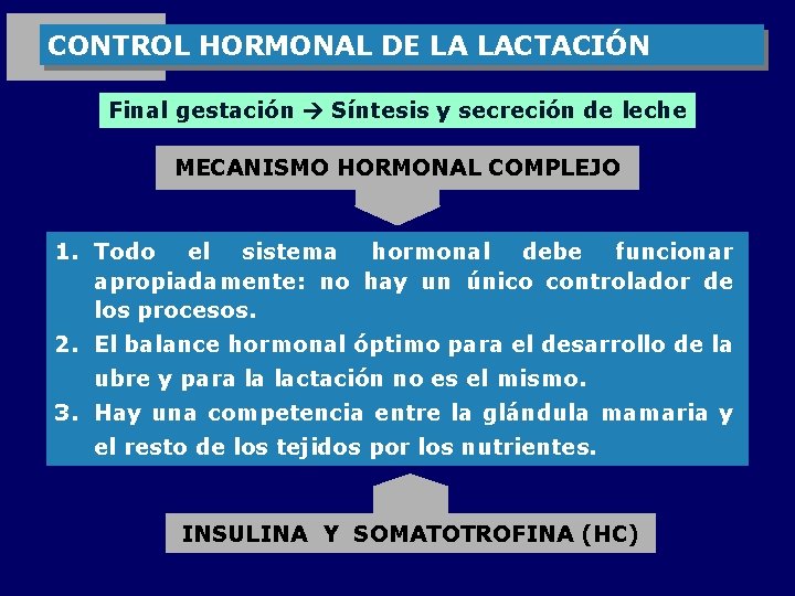 CONTROL HORMONAL DE LA LACTACIÓN Final gestación Síntesis y secreción de leche MECANISMO HORMONAL