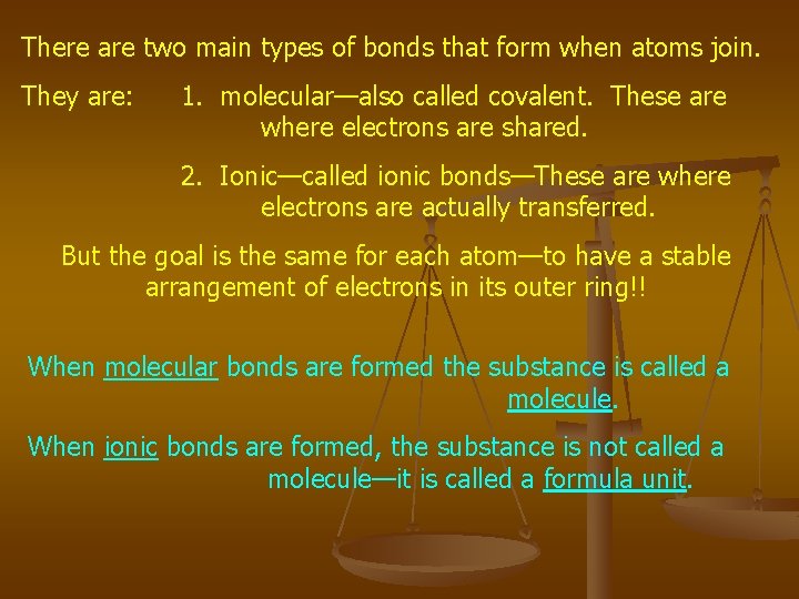 There are two main types of bonds that form when atoms join. They are:
