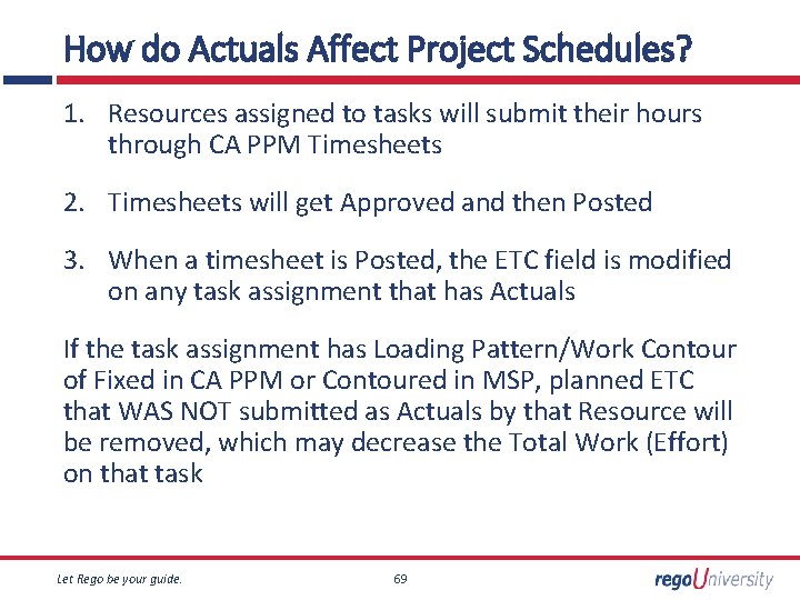 How do Actuals Affect Project Schedules? 1. Resources assigned to tasks will submit their