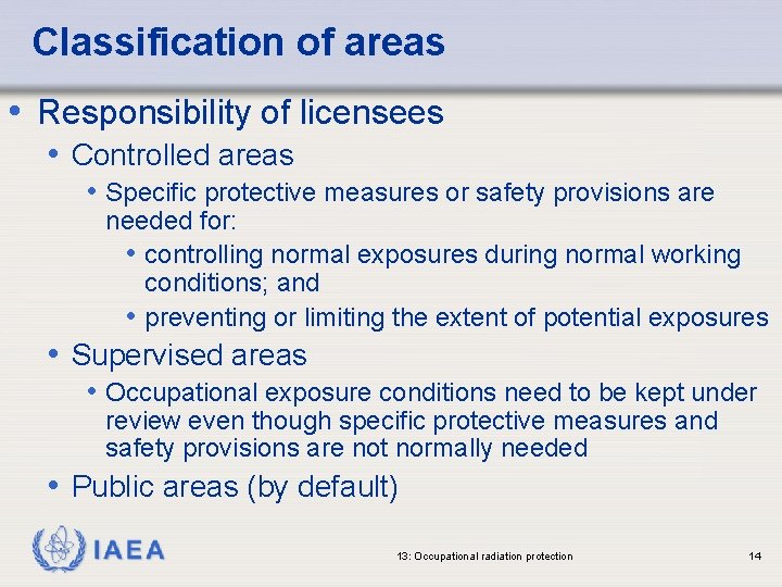 Classification of areas • Responsibility of licensees • Controlled areas • Specific protective measures