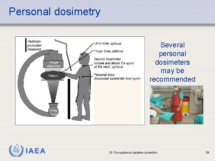 Personal dosimetry Several personal dosimeters may be recommended IAEA 13: Occupational radiation protection 38