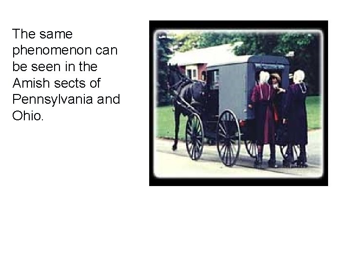 The same phenomenon can be seen in the Amish sects of Pennsylvania and Ohio.