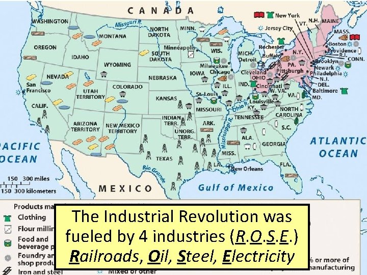 The Industrial Revolution was fueled by 4 industries (R. O. S. E. ) Railroads,