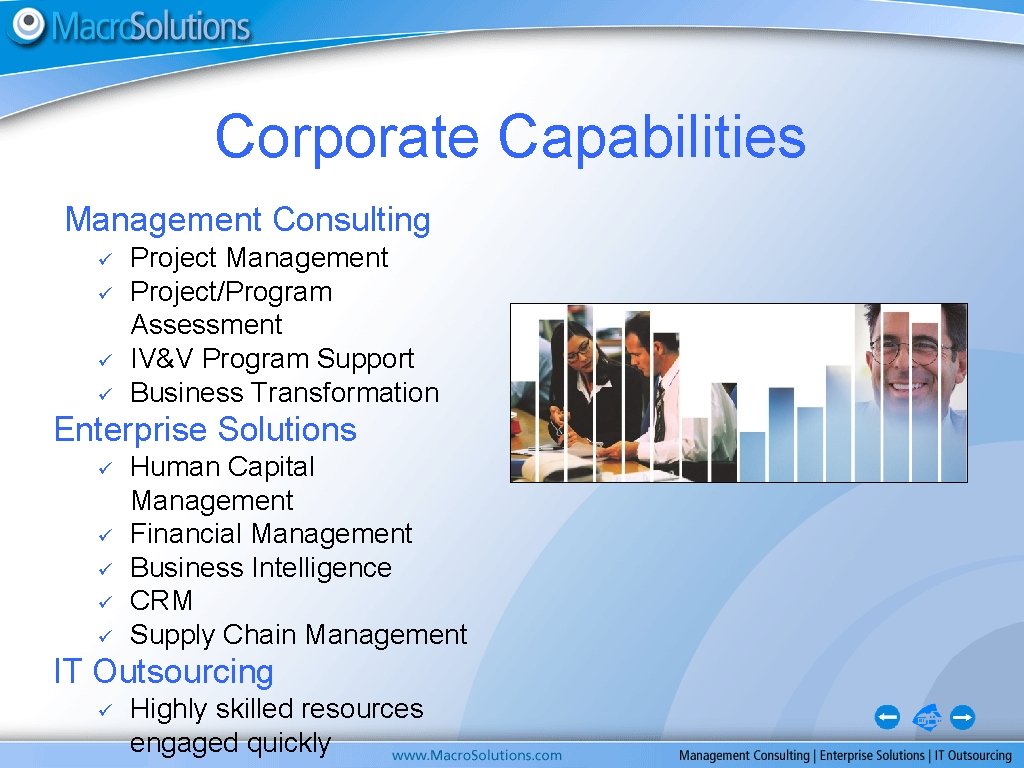 Corporate Capabilities Management Consulting ü ü Project Management Project/Program Assessment IV&V Program Support Business