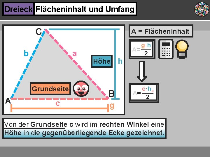 Dreieck Flächeninhalt und Umfang C A = Flächeninhalt a b Grundseite A c Höhe