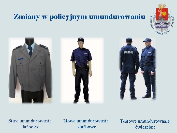 Zmiany w policyjnym umundurowaniu Stare umundurowanie służbowe Nowe umundurowanie służbowe Testowe umundurowanie ćwiczebne 