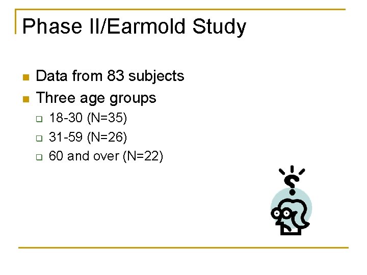 Phase II/Earmold Study n n Data from 83 subjects Three age groups q q