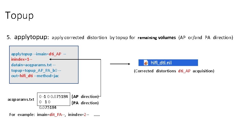 Topup 5. applytopup: apply corrected distortion by topup for applytopup --imain=dti_AP -inindex=1 -datain=acqparams. txt Topup 5. applytopup: apply corrected distortion by topup for applytopup --imain=dti_AP -inindex=1 -datain=acqparams. txt