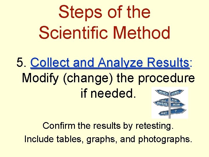 Steps of the Scientific Method 5. Collect and Analyze Results: Results Modify (change) the