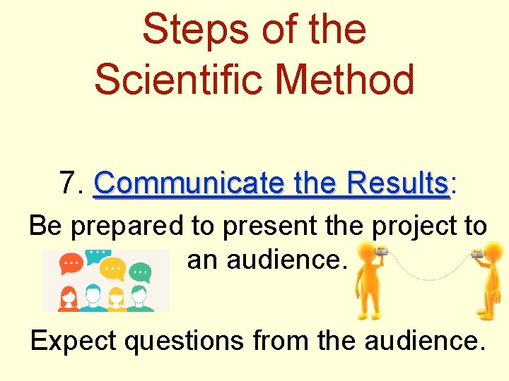 Steps of the Scientific Method 7. Communicate the Results: Results Be prepared to present