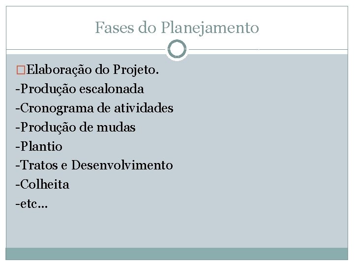 Fases do Planejamento �Elaboração do Projeto. -Produção escalonada -Cronograma de atividades -Produção de mudas