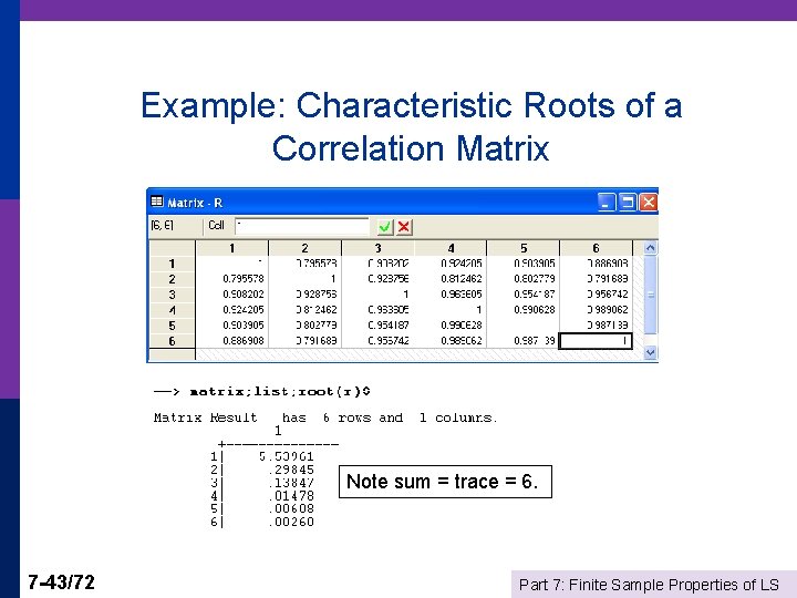 Example: Characteristic Roots of a Correlation Matrix Note sum = trace = 6. 7