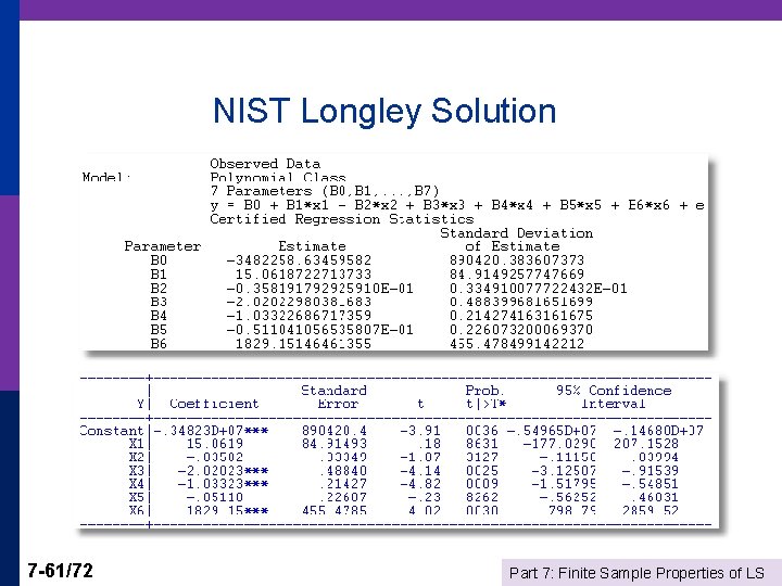 NIST Longley Solution 7 -61/72 Part 7: Finite Sample Properties of LS 