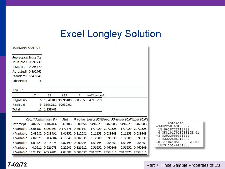 Excel Longley Solution 7 -62/72 Part 7: Finite Sample Properties of LS 