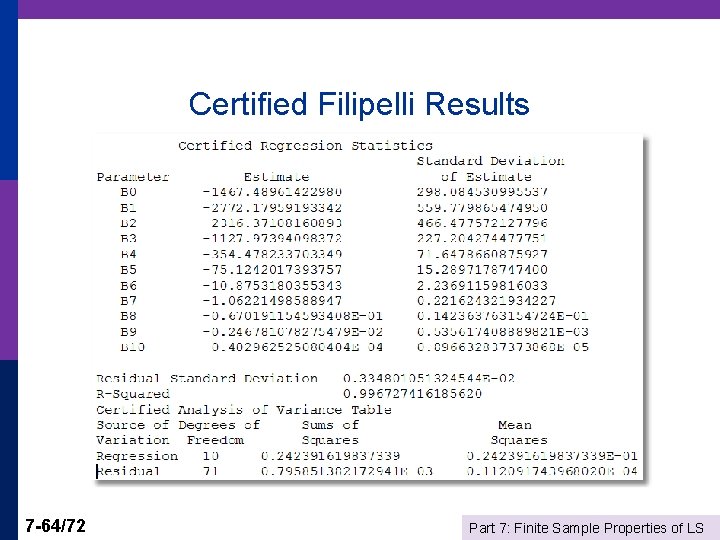 Certified Filipelli Results 7 -64/72 Part 7: Finite Sample Properties of LS 