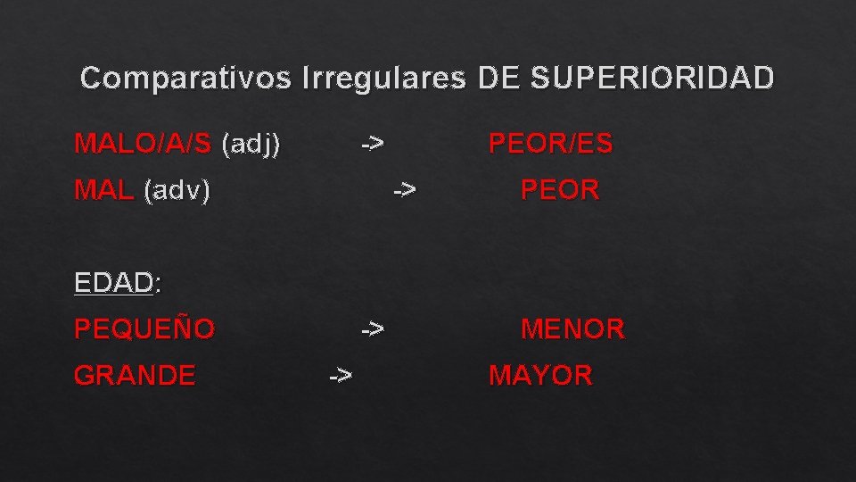 Comparativos Irregulares DE SUPERIORIDAD MALO/A/S (adj) -> MAL (adv) PEOR/ES -> PEOR EDAD: PEQUEÑO