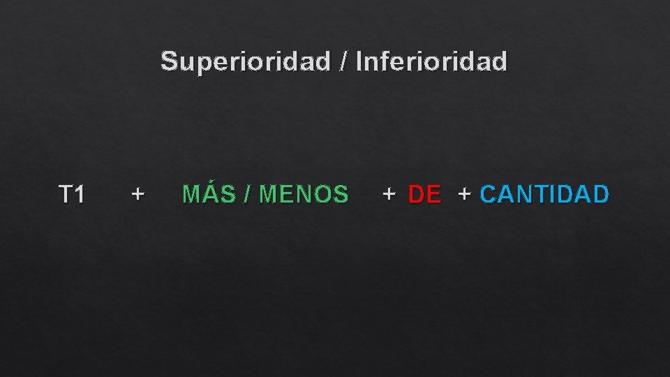 Superioridad / Inferioridad T 1 + MÁS / MENOS + DE + CANTIDAD 