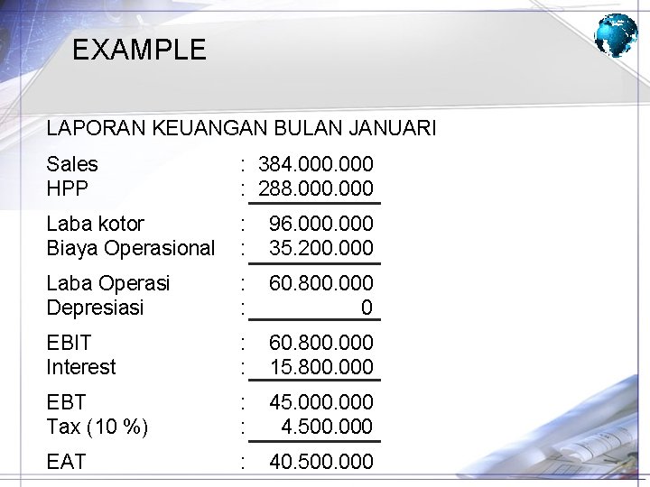 EXAMPLE LAPORAN KEUANGAN BULAN JANUARI Sales HPP : 384. 000 : 288. 000 Laba EXAMPLE LAPORAN KEUANGAN BULAN JANUARI Sales HPP : 384. 000 : 288. 000 Laba