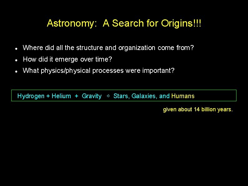 Astronomy: A Search for Origins!!! Where did all the structure and organization come from?