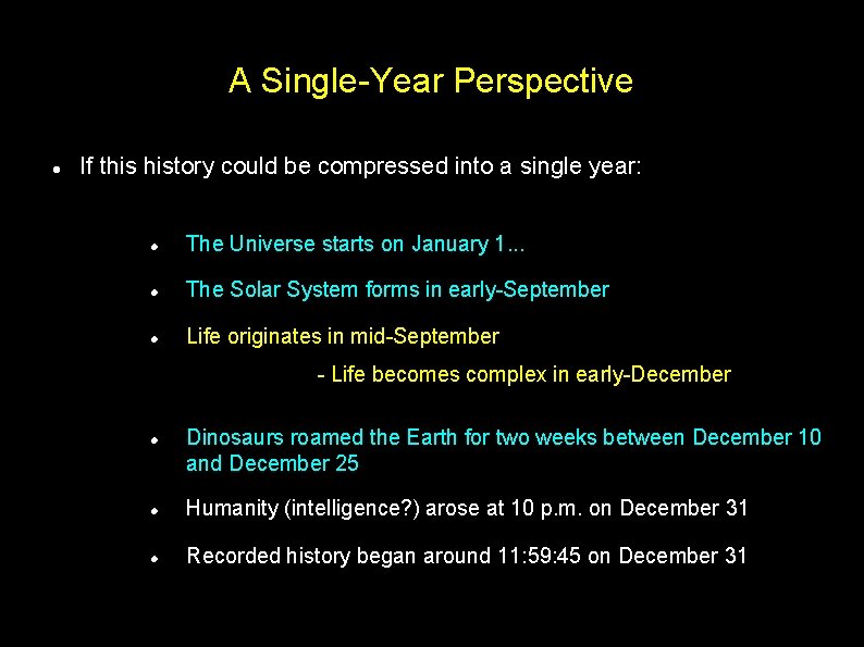 A Single-Year Perspective If this history could be compressed into a single year: The