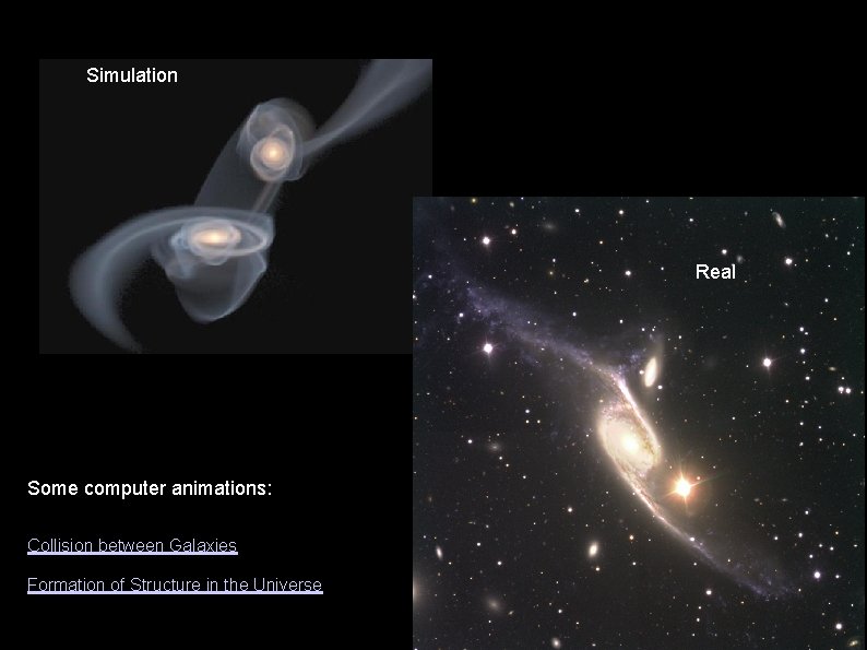 Simulation Real Some computer animations: Collision between Galaxies Formation of Structure in the Universe