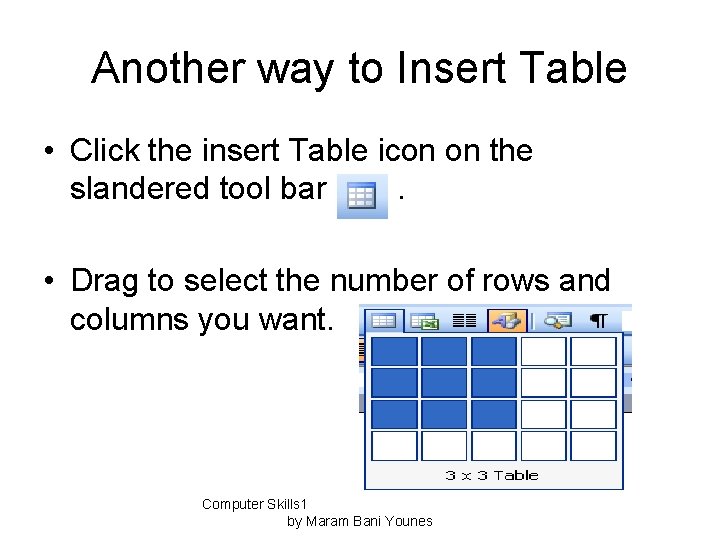 Another way to Insert Table • Click the insert Table icon on the slandered