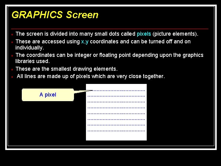 GRAPHICS Screen The screen is divided into many small dots called pixels (picture elements). GRAPHICS Screen The screen is divided into many small dots called pixels (picture elements).