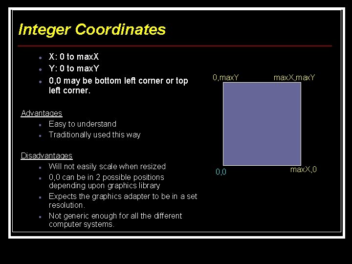 Integer Coordinates X: 0 to max. X Y: 0 to max. Y 0, 0 Integer Coordinates X: 0 to max. X Y: 0 to max. Y 0, 0