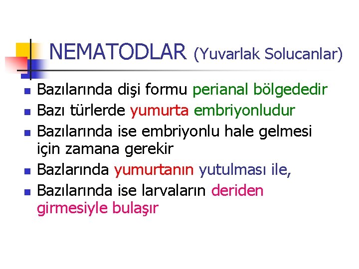 NEMATODLAR n n n (Yuvarlak Solucanlar) Bazılarında dişi formu perianal bölgededir Bazı türlerde yumurta NEMATODLAR n n n (Yuvarlak Solucanlar) Bazılarında dişi formu perianal bölgededir Bazı türlerde yumurta