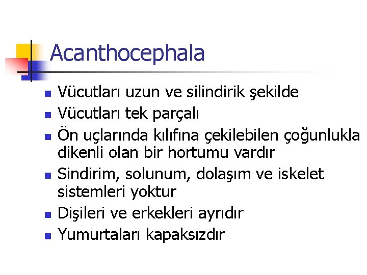Acanthocephala n n n Vücutları uzun ve silindirik şekilde Vücutları tek parçalı Ön uçlarında Acanthocephala n n n Vücutları uzun ve silindirik şekilde Vücutları tek parçalı Ön uçlarında
