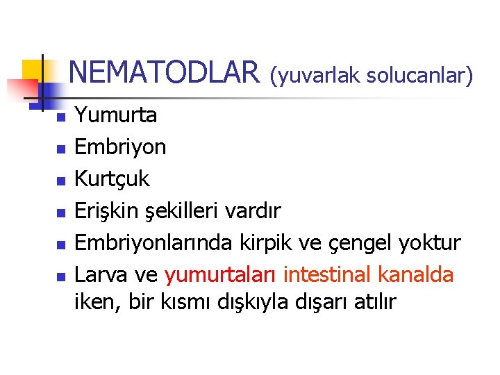 NEMATODLAR n n n (yuvarlak solucanlar) Yumurta Embriyon Kurtçuk Erişkin şekilleri vardır Embriyonlarında kirpik NEMATODLAR n n n (yuvarlak solucanlar) Yumurta Embriyon Kurtçuk Erişkin şekilleri vardır Embriyonlarında kirpik