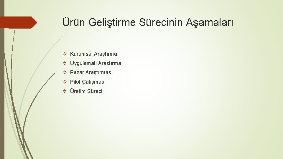 Ürün Geliştirme Sürecinin Aşamaları Kurumsal Araştırma Uygulamalı Araştırma Pazar Araştırması Pilot Çalışması Üretim Süreci