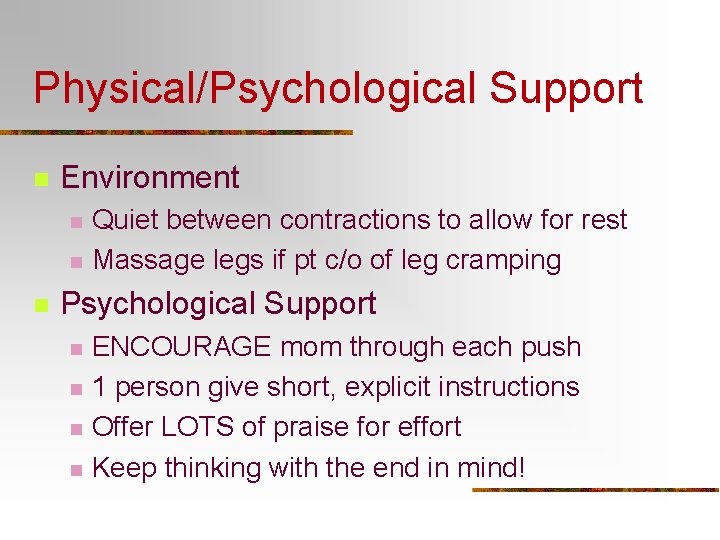 Physical/Psychological Support n Environment n n n Quiet between contractions to allow for rest