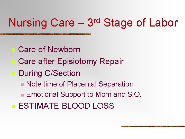 Nursing Care – 3 rd Stage of Labor n n n Care of Newborn