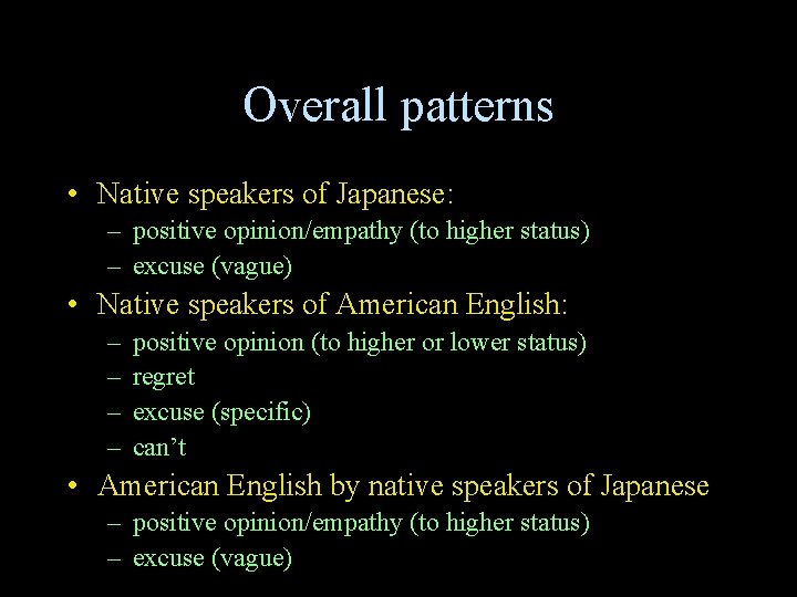 Overall patterns • Native speakers of Japanese: – positive opinion/empathy (to higher status) – Overall patterns • Native speakers of Japanese: – positive opinion/empathy (to higher status) –