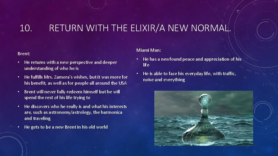 10. RETURN WITH THE ELIXIR/A NEW NORMAL. Brent: • He returns with a new