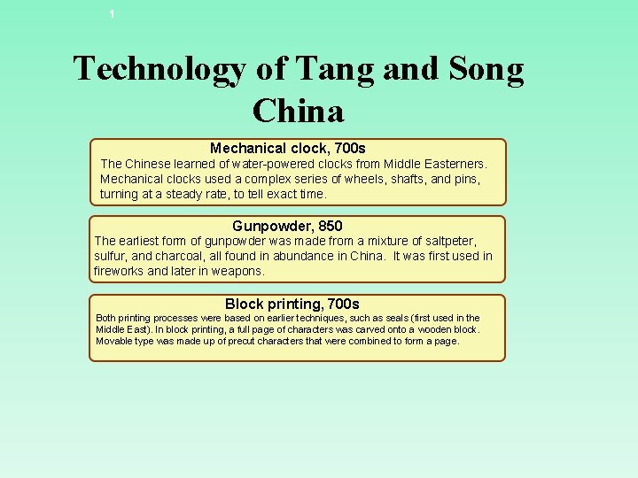 1 Technology of Tang and Song China Mechanical clock, 700 s The Chinese learned