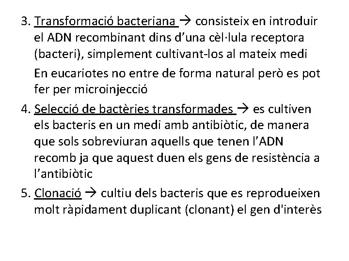 3. Transformació bacteriana consisteix en introduir el ADN recombinant dins d’una cèl·lula receptora (bacteri),