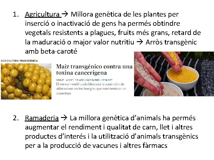 1. Agricultura Millora genètica de les plantes per inserció o inactivació de gens ha