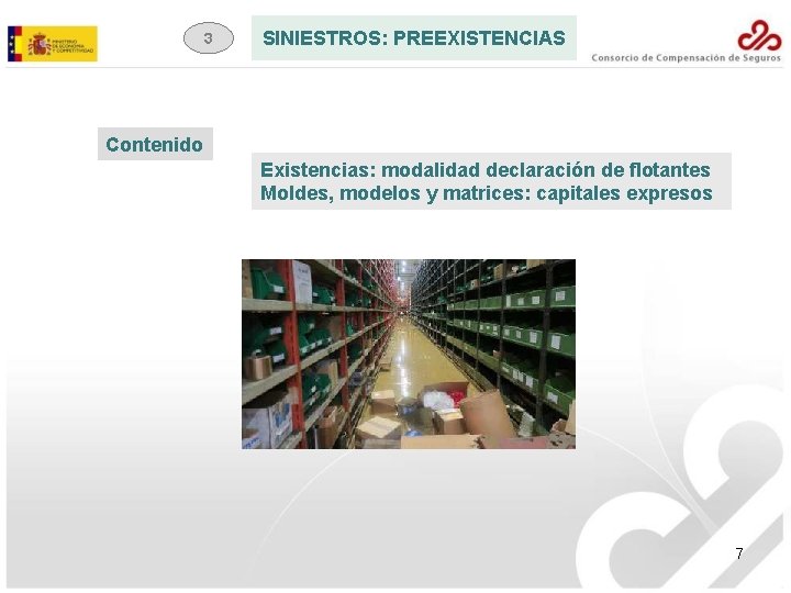 3 SINIESTROS: PREEXISTENCIAS Contenido Existencias: modalidad declaración de flotantes Moldes, modelos y matrices: capitales
