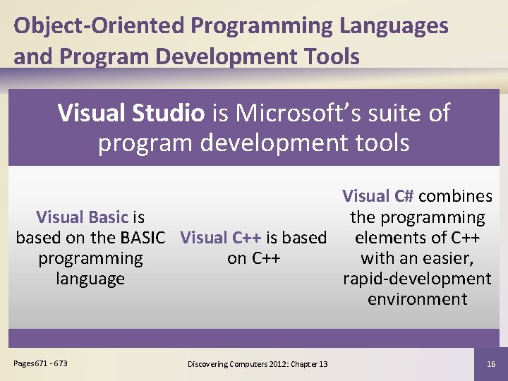 Object-Oriented Programming Languages and Program Development Tools Visual Studio is Microsoft’s suite of program