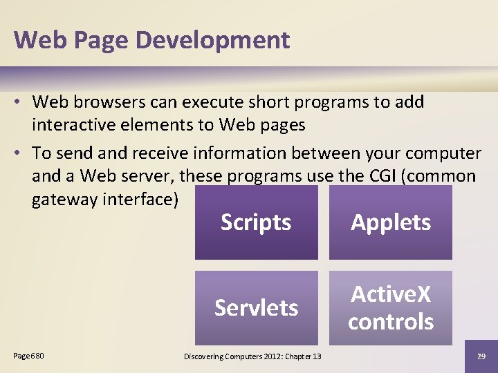 Web Page Development • Web browsers can execute short programs to add interactive elements Web Page Development • Web browsers can execute short programs to add interactive elements