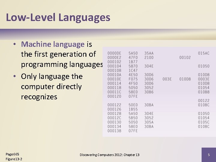Low-Level Languages • Machine language is the first generation of programming languages • Only