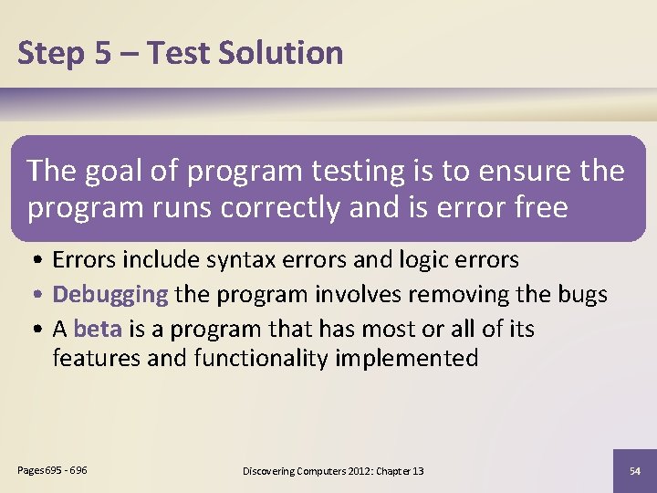 Step 5 – Test Solution The goal of program testing is to ensure the Step 5 – Test Solution The goal of program testing is to ensure the